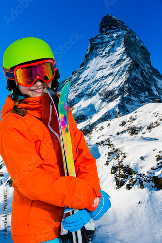 Skier girl with view of Matterhorn - Zermatt, Switzerland