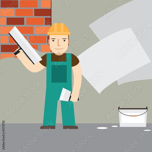 Plasterer at work. Vector.