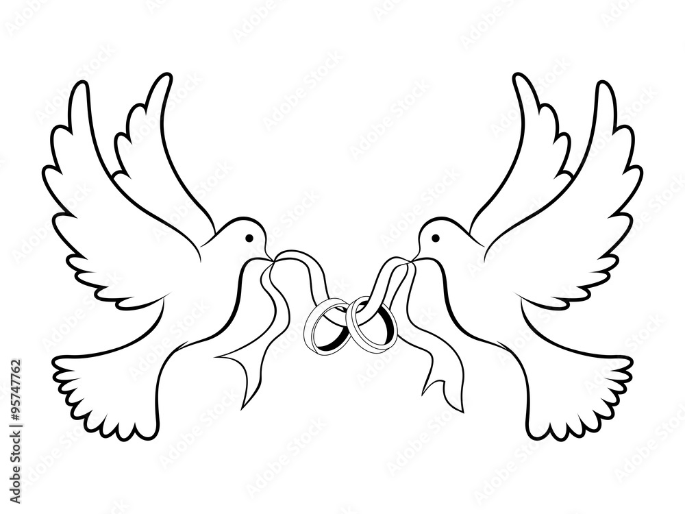 Vector monochrome loving flying doves with rings in their beak. Bird of  love and hope. 26729064 Vector Art at Vecteezy