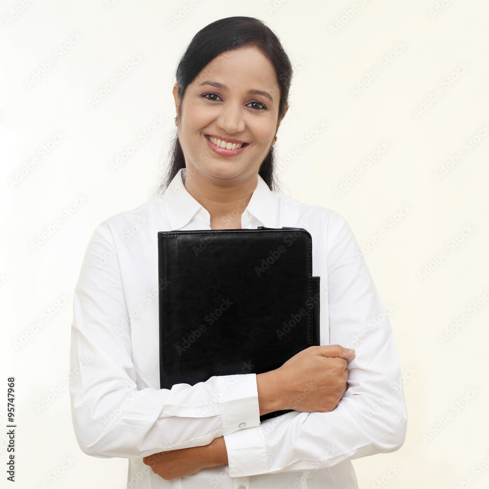 young happy smiling business woman with black folder young happy smiling business woman with black folder