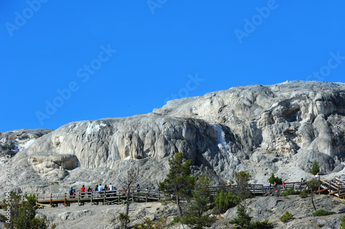 Boardwalk fronts huge limestone formations of the Upper Terrace of Mammoth Springs in Yellowstone National Park.