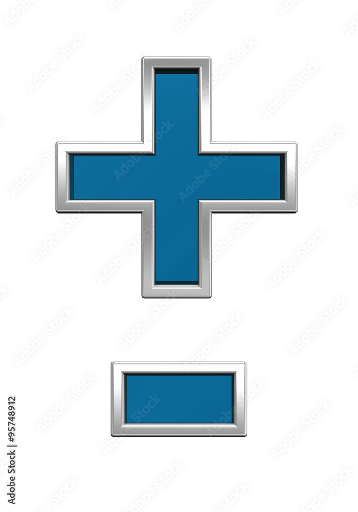 Hyphen, minus, plus marks from blue glass with chrome frame alphabet set, isolated on white. Computer generated 3D photo rendering. Hyphen, minus, plus marks from blue glass with chrome frame alphabet set, isolated on white. Computer generated 3D photo rendering.