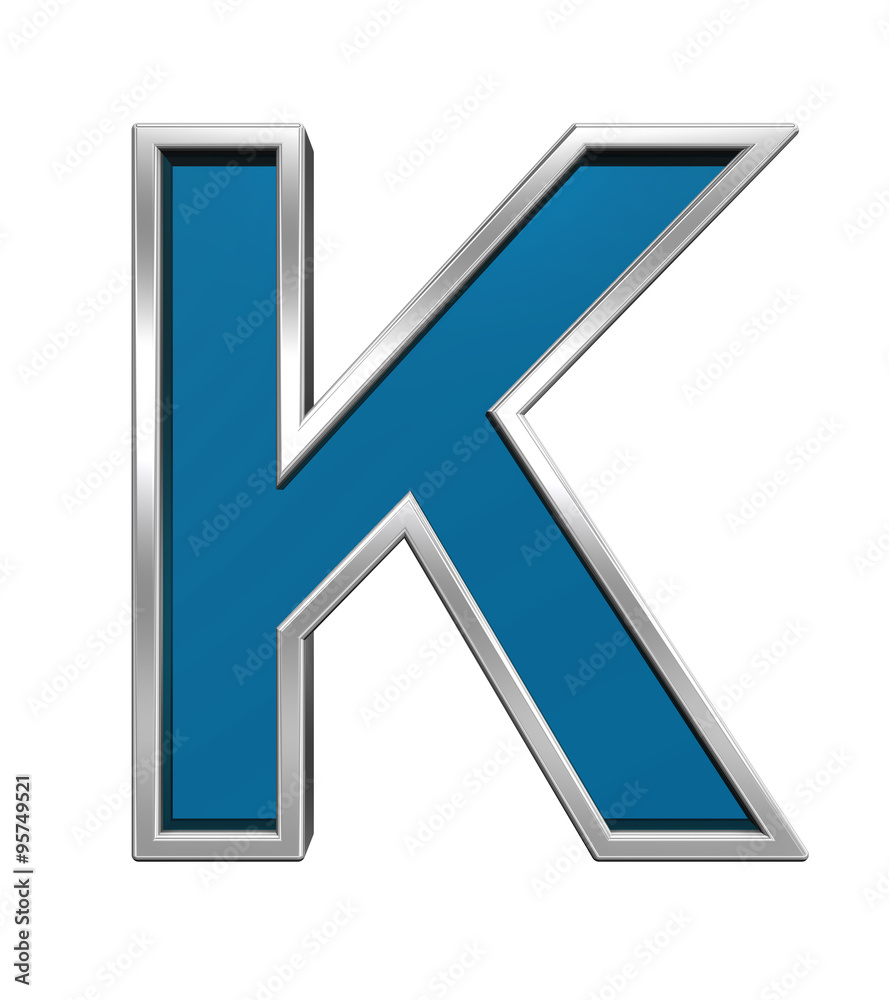 One letter from blue glass with chrome frame alphabet set, isolated on white. Computer generated 3D photo rendering. One letter from blue glass with chrome frame alphabet set, isolated on white. Computer generated 3D photo rendering.