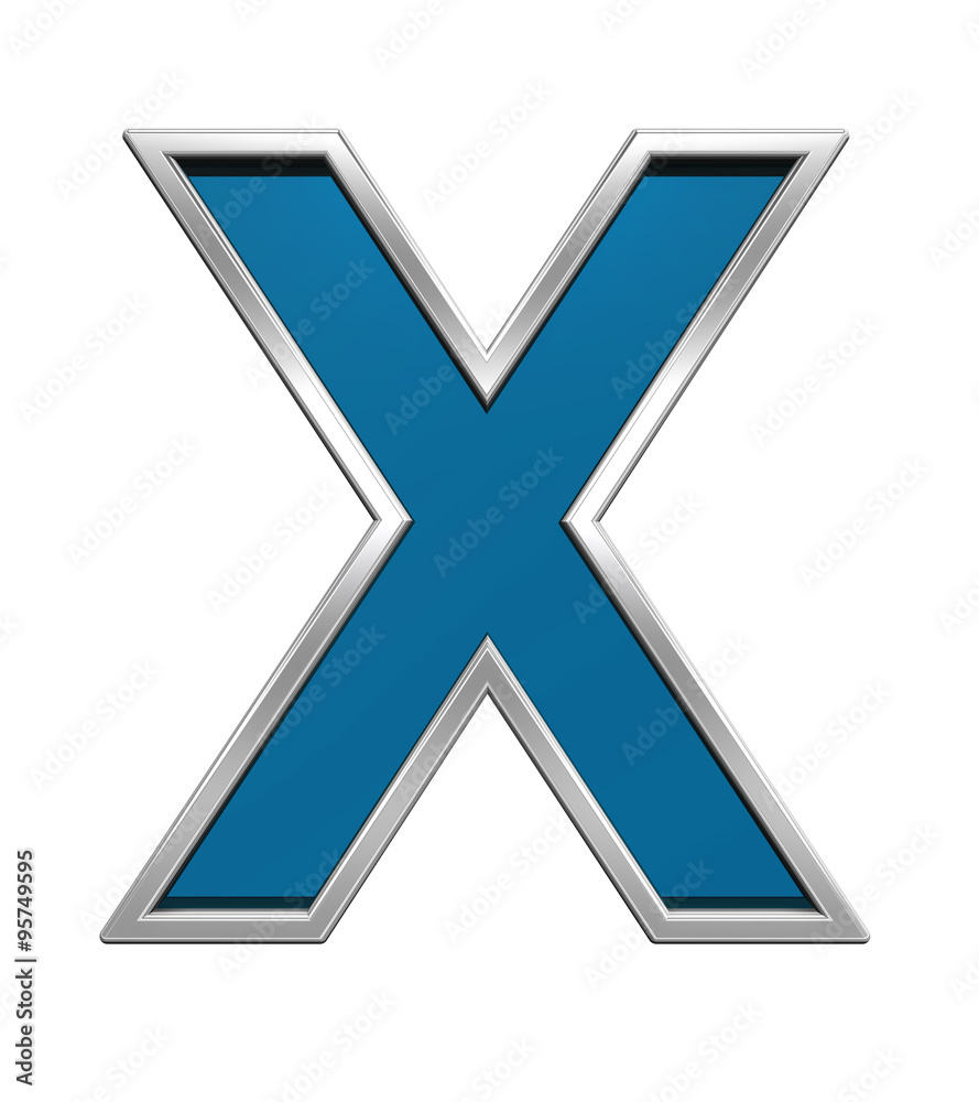 One letter from blue glass with chrome frame alphabet set, isolated on white. Computer generated 3D photo rendering. One letter from blue glass with chrome frame alphabet set, isolated on white. Computer generated 3D photo rendering.