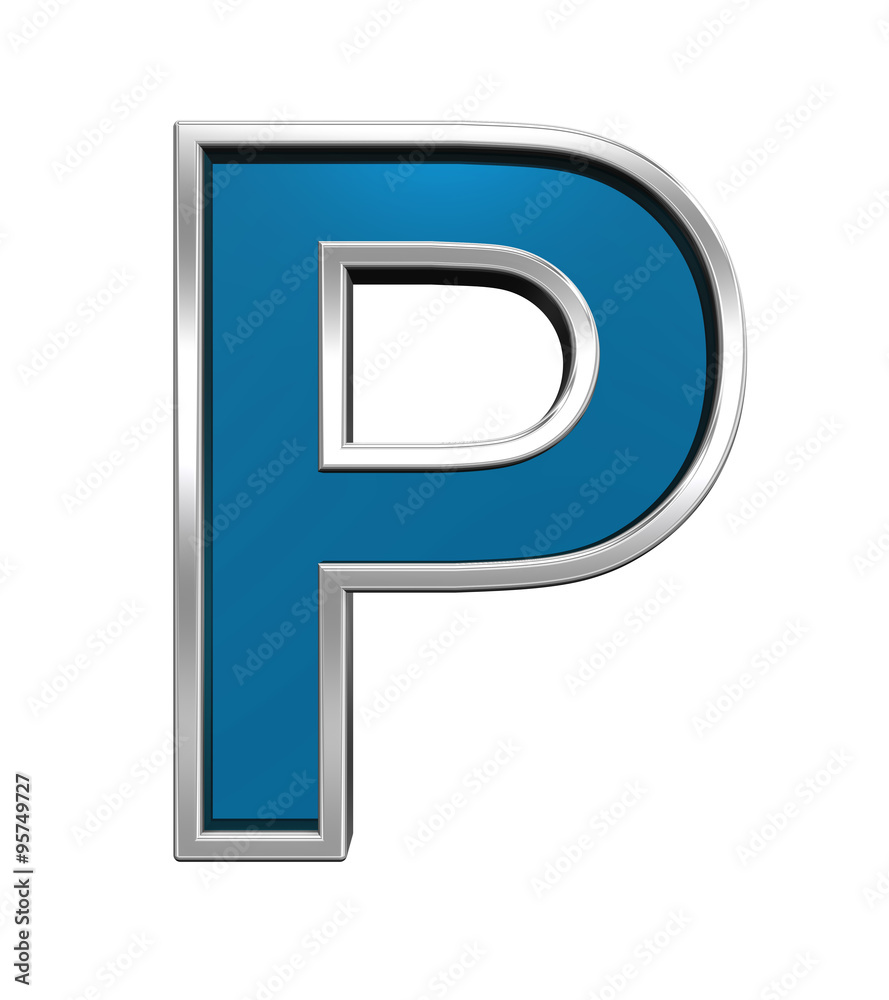 One letter from blue glass with chrome frame alphabet set, isolated on white. Computer generated 3D photo rendering. One letter from blue glass with chrome frame alphabet set, isolated on white. Computer generated 3D photo rendering.