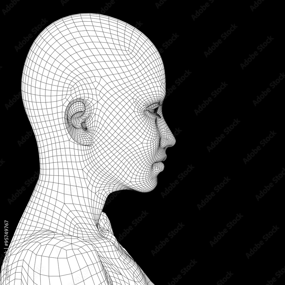 Conceptual 3D wireframe human female or woman face or head Conceptual 3D wireframe human female or woman face or head
