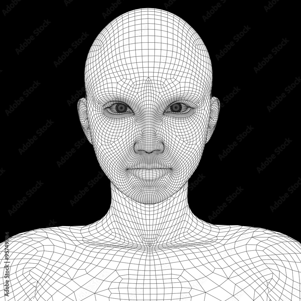 Conceptual 3D wireframe human female or woman face or head Conceptual 3D wireframe human female or woman face or head