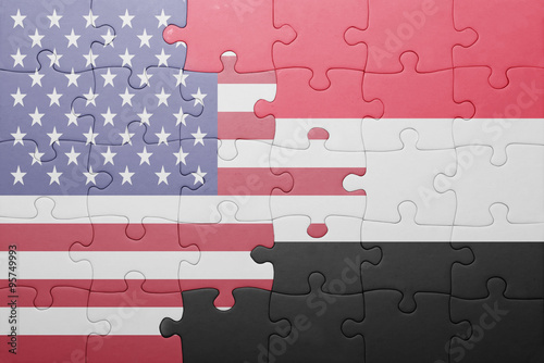 puzzle with the national flag of united states of america and yemen