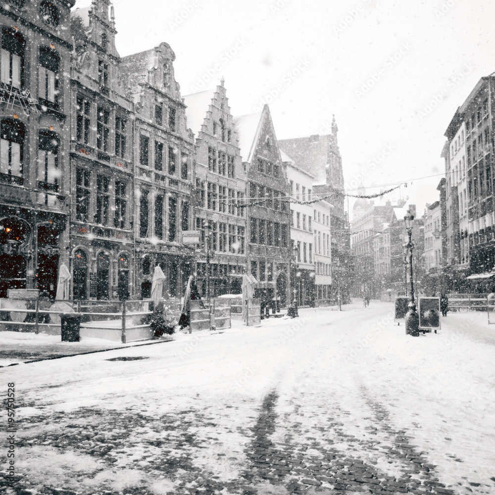 Antwerp at winter snowstorm