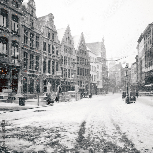 Antwerp at winter snowstorm