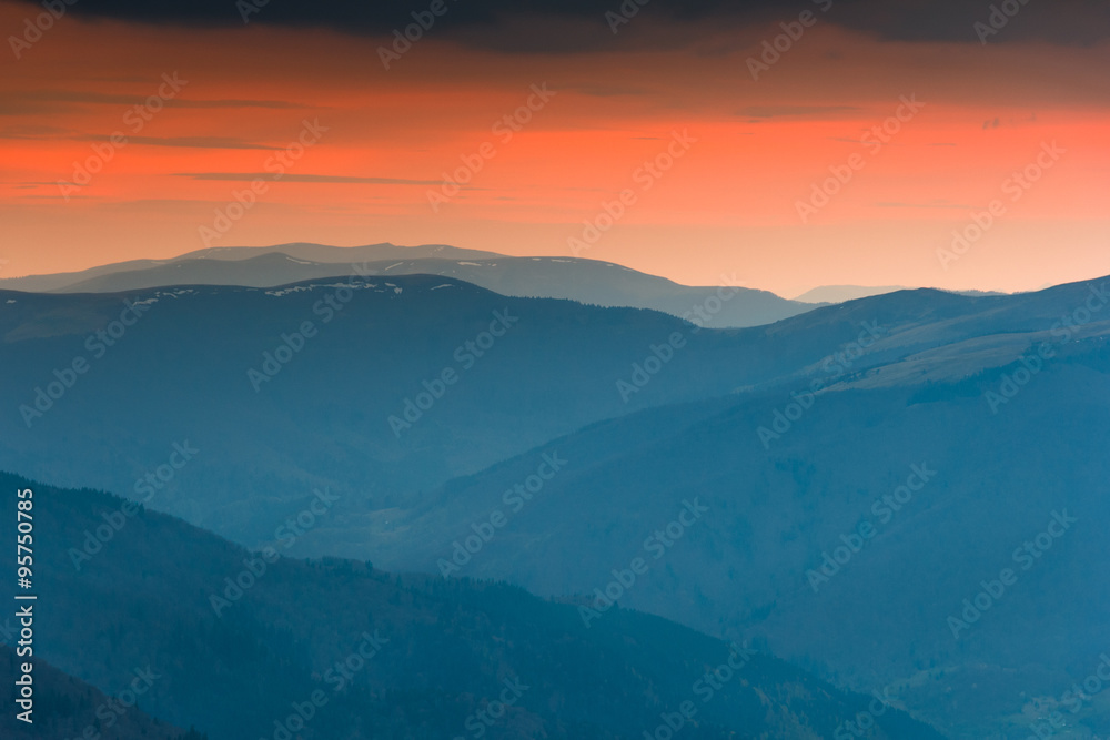 Colorful twilight in the autumn mountains.