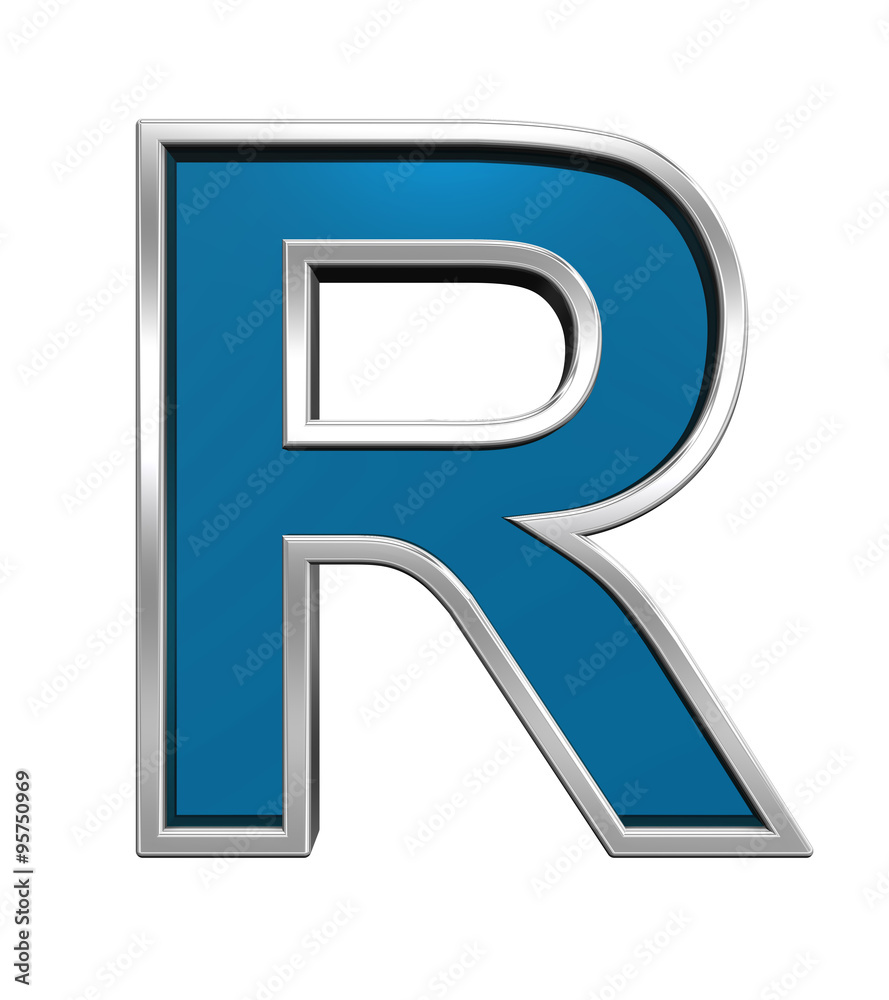 One letter from blue glass with chrome frame alphabet set, isolated on white. Computer generated 3D photo rendering. One letter from blue glass with chrome frame alphabet set, isolated on white. Computer generated 3D photo rendering.
