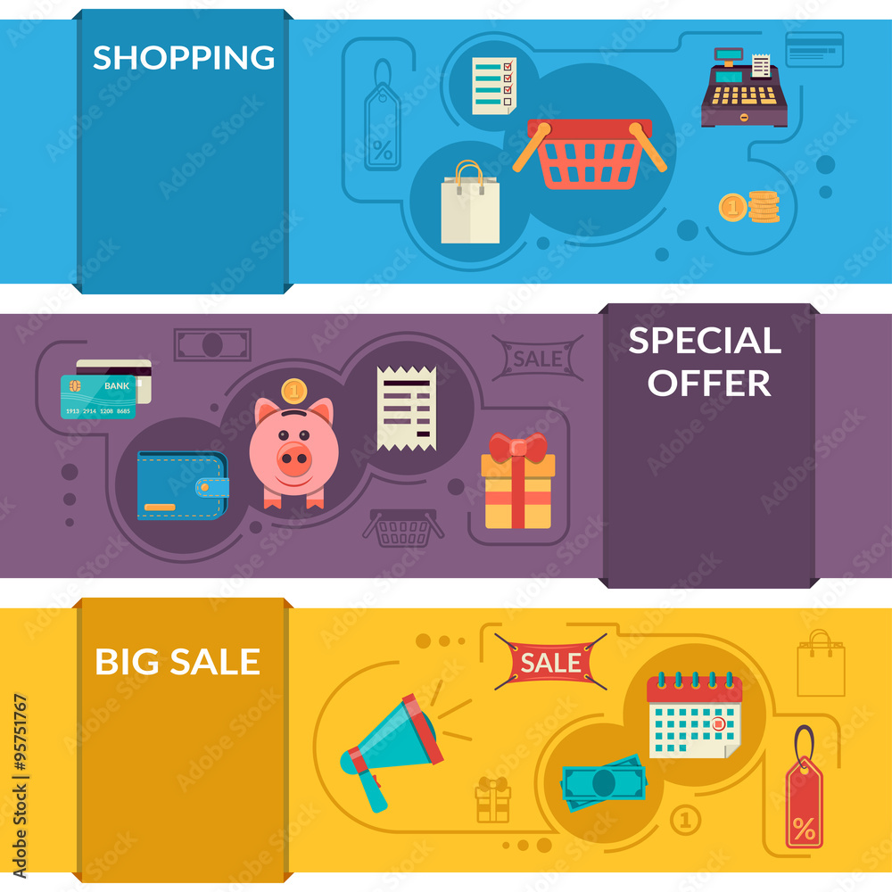 Fototapeta premium Three horizontal banners with shopping icons in flat style. Vector sale icons