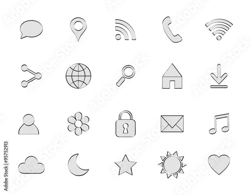 Set of basic hand drawn doodle icons. Sketch style elements. Universal web icons for media, communication, business, mobile. Vector illustration.