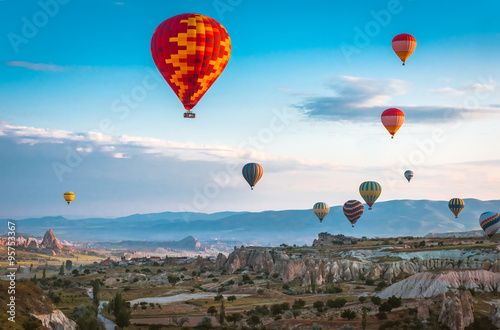 Hot air balloons fly over Cappadocia