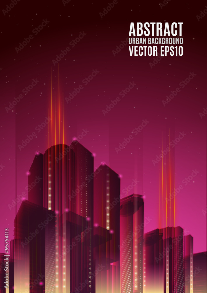 Purple city skyline at night. Graphical urban abstract cityscape background
