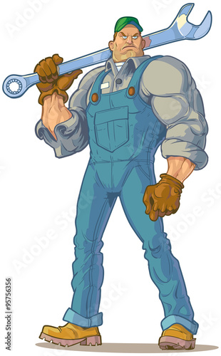 Tough Mechanic with Wrench Vector Cartoon