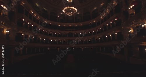 Flying inside the Opera house. Turning on the illumination. Ukraine. photo