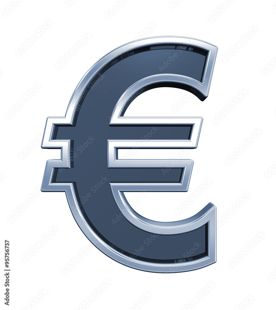 Euro sign from grey glass with chrome frame alphabet set, isolated on white. Computer generated 3D photo rendering. Euro sign from grey glass with chrome frame alphabet set, isolated on white. Computer generated 3D photo rendering.