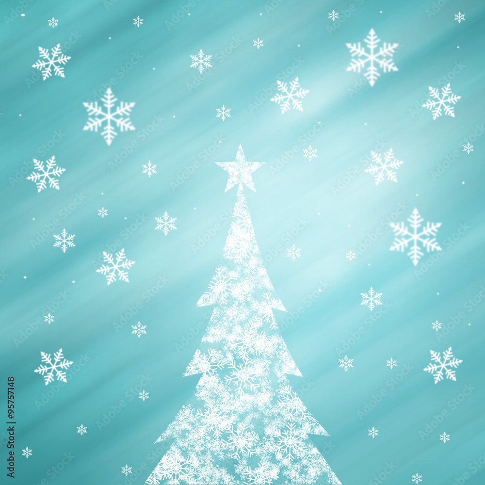 Lovely snowflake Christmas tree with star shape and beautiful bright and shiny cyan blue color background with blurry snowflakes. Christmas Holiday illustration copy space background.