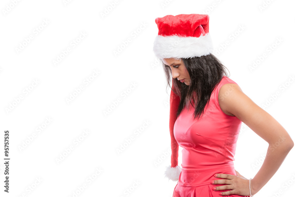 Woman mixed race santa helper hat portrait Woman mixed race santa helper hat portrait