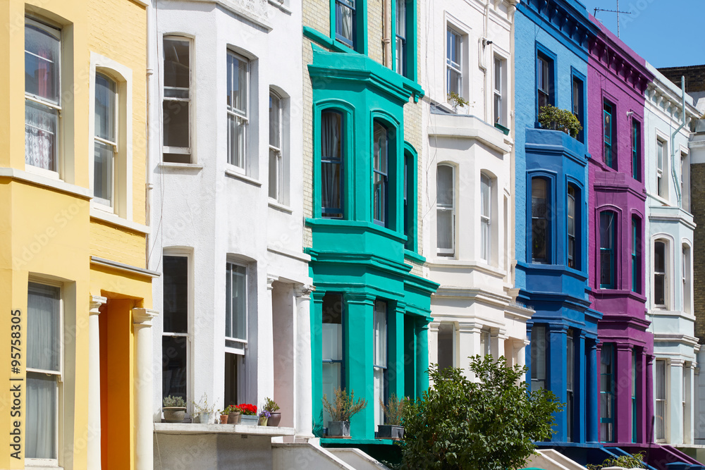 Colorful english houses facades in London near Portobello road - obrazy, fototapety, plakaty 