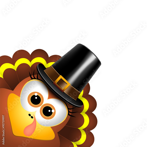 Cartoon turkey in a pilgrim hat.