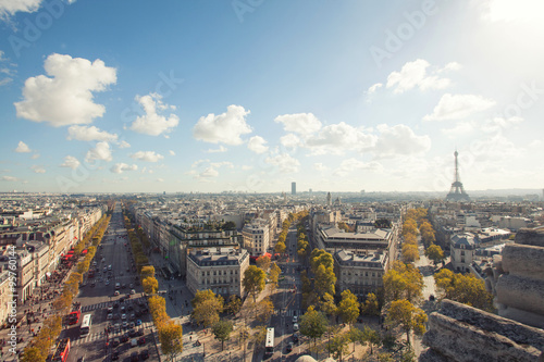 The Eiffel Tower and Champs Elysees gorgeous panorama from Arc d