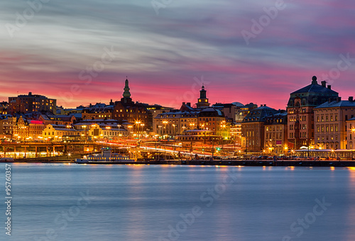 Stockholm city on a winter night with beautiful pink sunset.