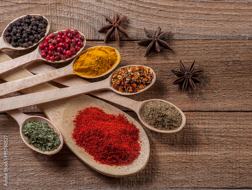 Spices in spoons, wooden background