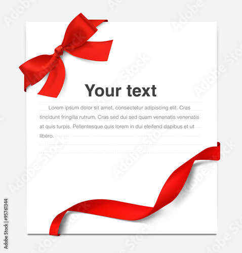 Paper sheet with a red ribbon and bow. It can be used for greeting cards, letters, etc.
