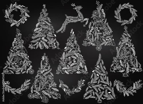 Chalkboard Floral or Botanical Christmas Trees, Wreaths, Bunting and Reindeer