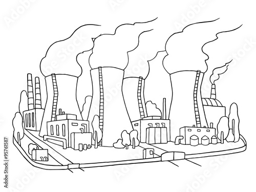 Industrial sketch of nuclear power station. Doodle factory with with smoking plants pipes . Hand drawn outline illustration for business design isolated on white.