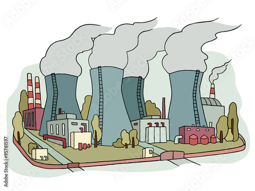 Industrial sketch of nuclear power station. Doodle factory with with smoking plants pipes . Hand drawn colored illustration for business design isolated on white.