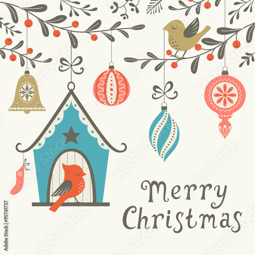 Christmas greeting card with birds and Christmas ornaments. Vector is cropped with Clipping Mask.