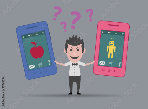 man torn between apple or android smartphone