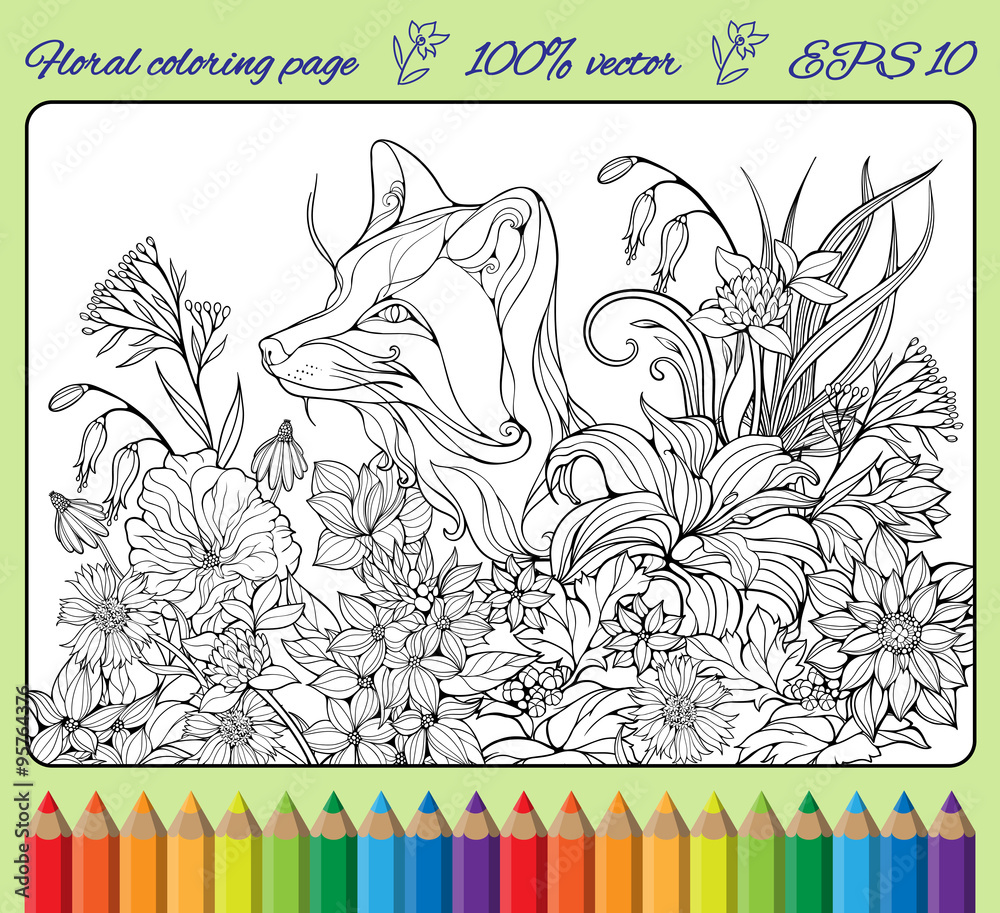 coloring page with fox hiding in flowers 1 Stock Vector | Adobe Stock