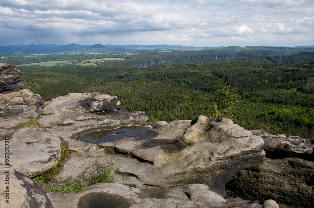 View from hill Grosser Zschirnstein in Saxon Switzerland in Germany to Ruzovsky vrch and Luzicke hory in Czech republic.