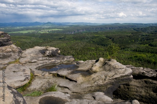 View from hill Grosser Zschirnstein in Saxon Switzerland in Germany to Ruzovsky vrch and Luzicke hory in Czech republic.