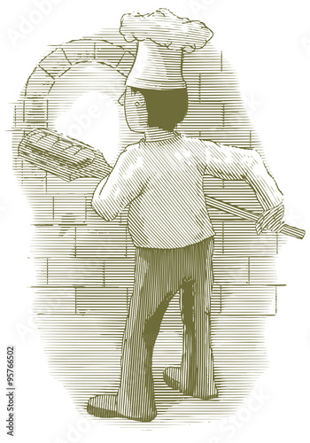 Engraved-style illustration of a baker pulling bread from a brick oven.