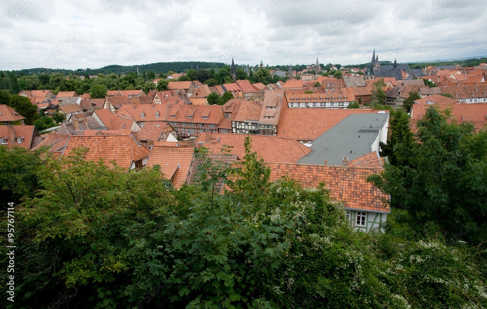 Cityscape of  medieval city Quedlinburg in Germany.