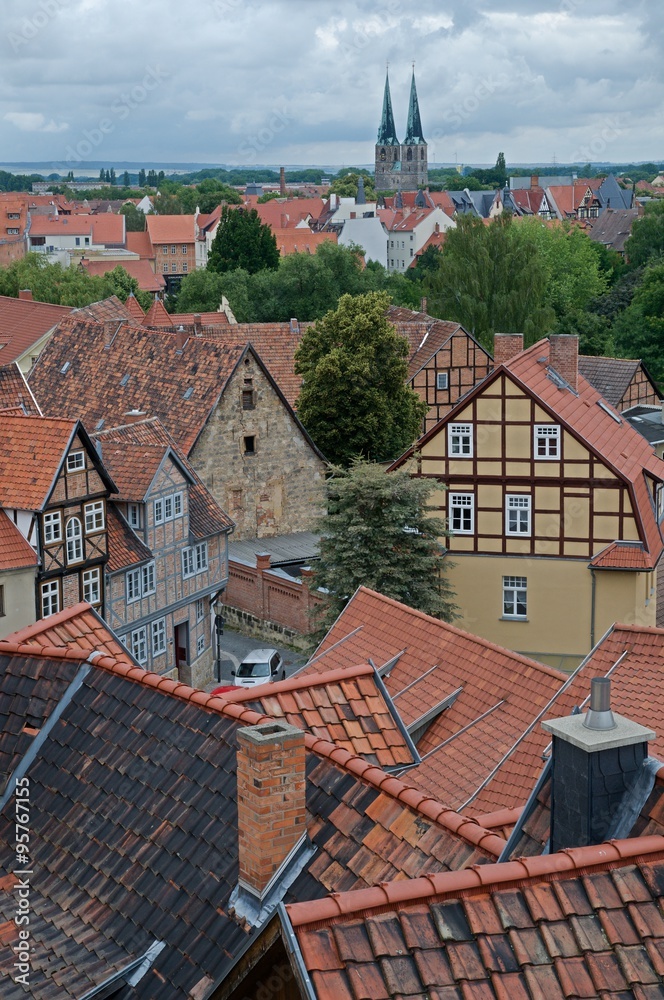 Cityscape of  medieval city Quedlinburg in Germany.  