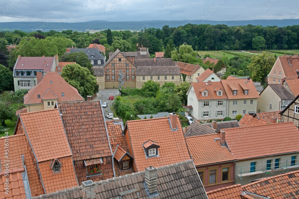 Red roof houses in the medieval city Quedlinburg in Germany