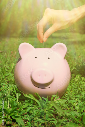 Female hand putting coin into pink piggy bank over green grass background