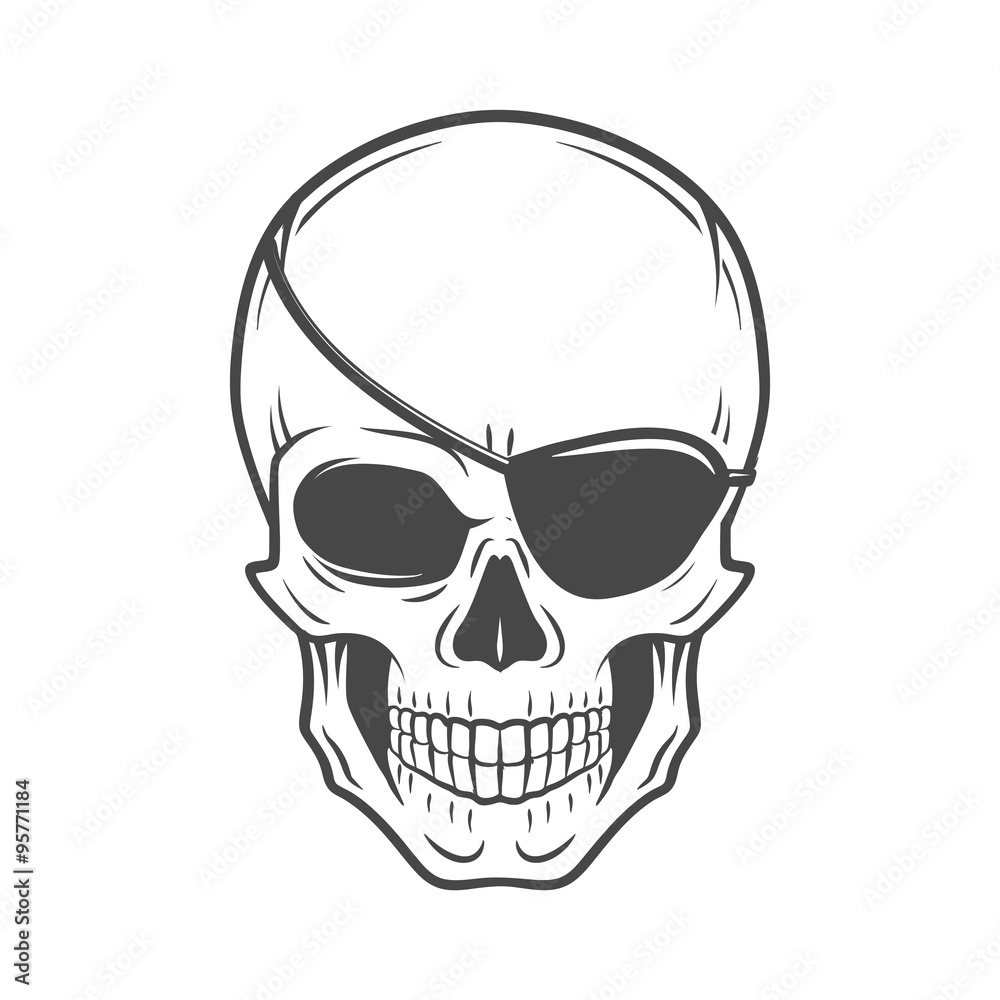 Jolly Roger with eyepatch logo template. Evil skull vector. Dark t-shirt design. Pirate insignia concept Jolly Roger with eyepatch logo template. Evil skull vector. Dark t-shirt design. Pirate insignia concept
