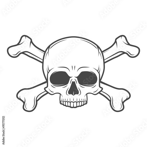 Human evil skull vector. Jolly Roger with crossbones logo template. death t-shirt design. Pirate insignia concept. Poison icon illustration