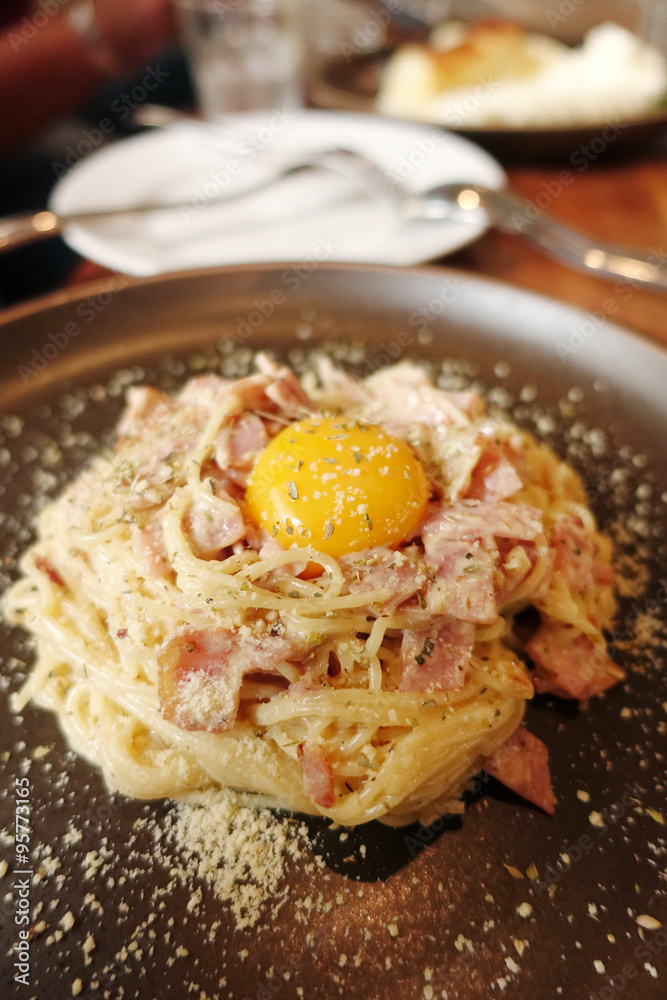 Spaghetti Carbonara with bacon and cheese. Spaghetti Carbonara with bacon and cheese.
