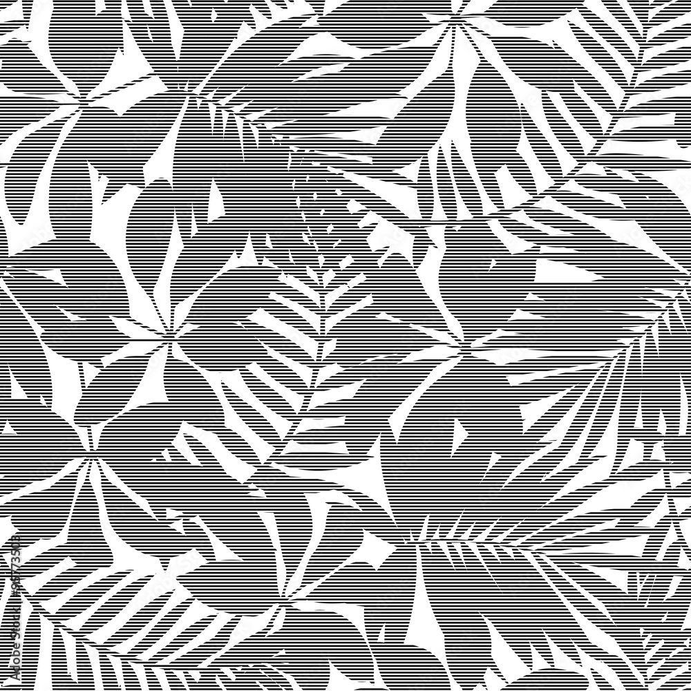White and black striped tropical leaves seamless pattern