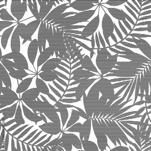 White and black striped tropical leaves seamless pattern