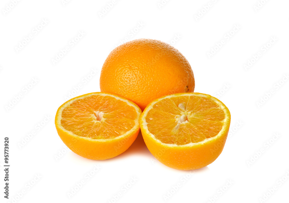 whole and cut ripe orange on white background whole and cut ripe orange on white background